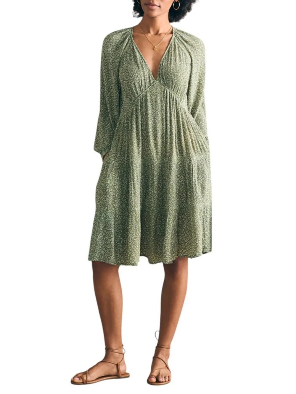 Faherty Sirene Women's Floral Print V-Neck Long Sleeve Dress Green Size XS